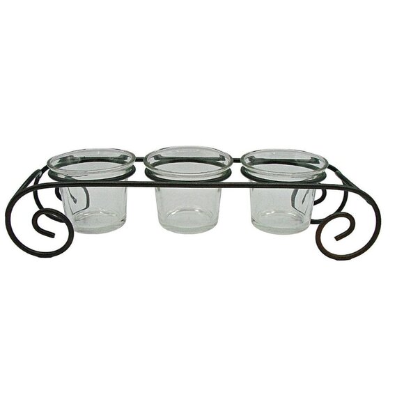 Glass Candle Holder 3 Votive Iron Scroll Mantle Staging Decor Housewarming 11X3" - Picture 1 of 12